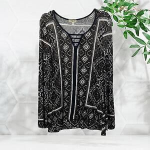 One World Live & Let Live Womens Size M Black White Jersey Knit LS Tunic Top M